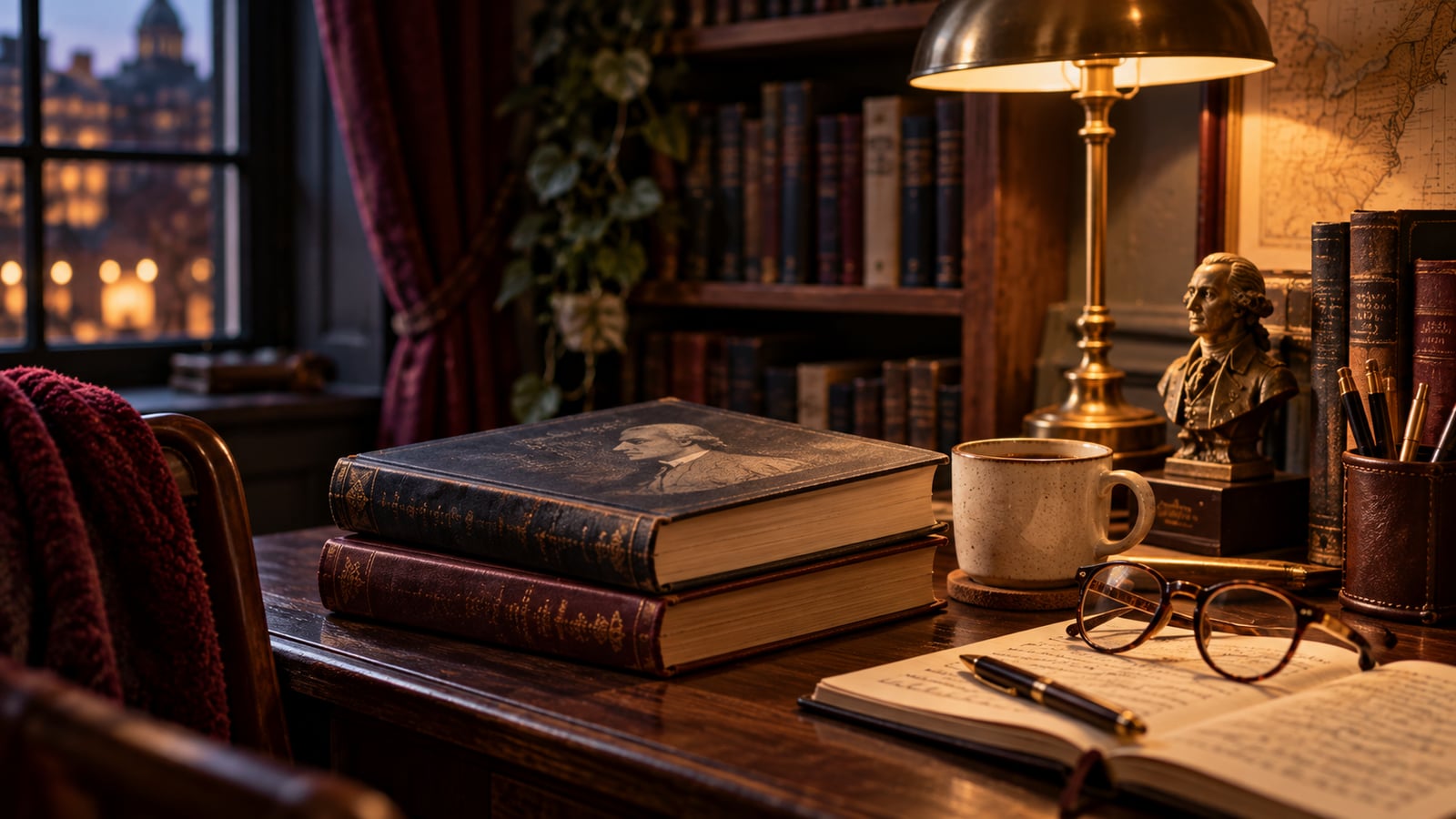 Historical books and reading materials beside a warm reading lamp