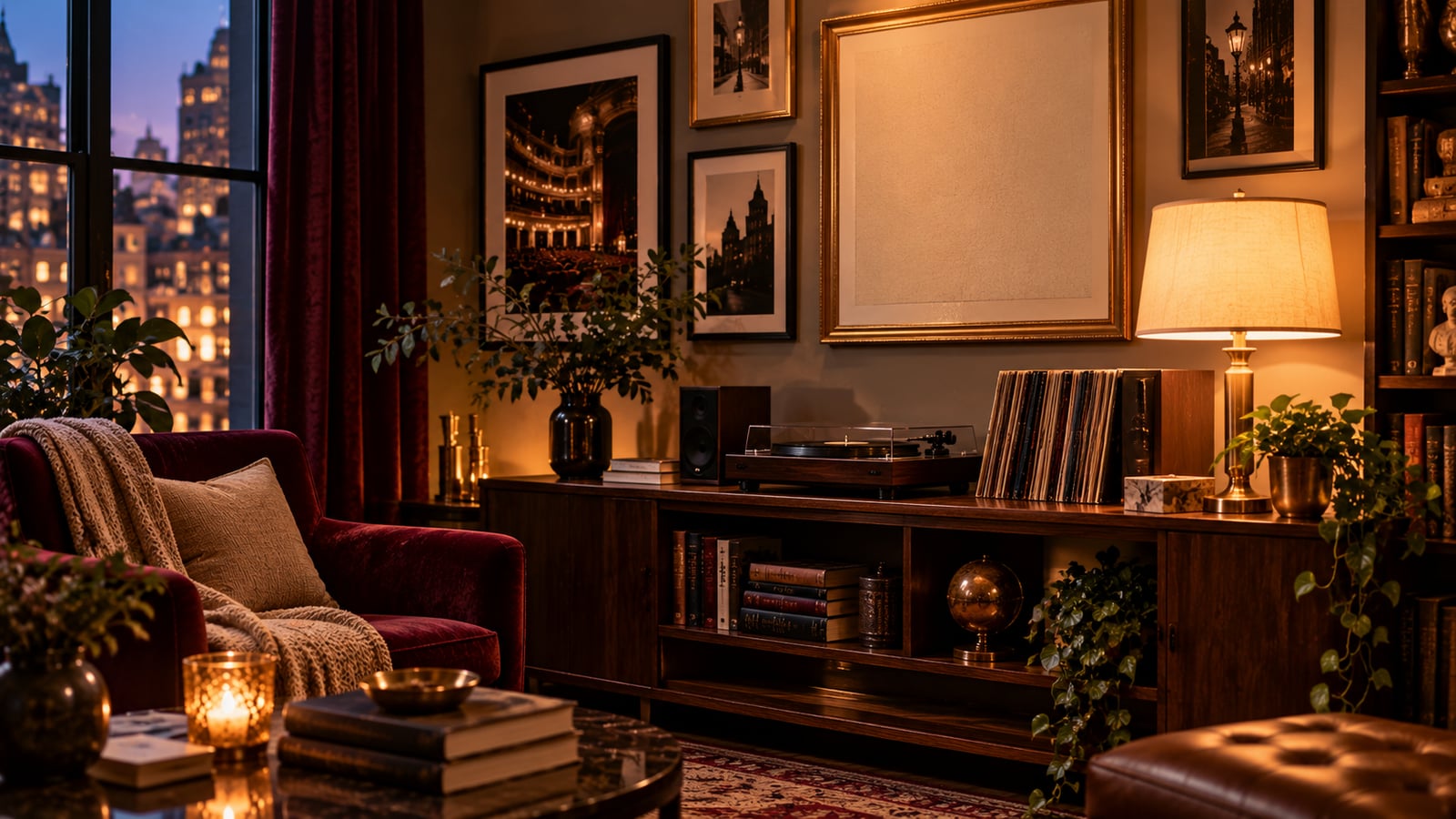 Sophisticated home reading corner inspired by Broadway theatre culture
