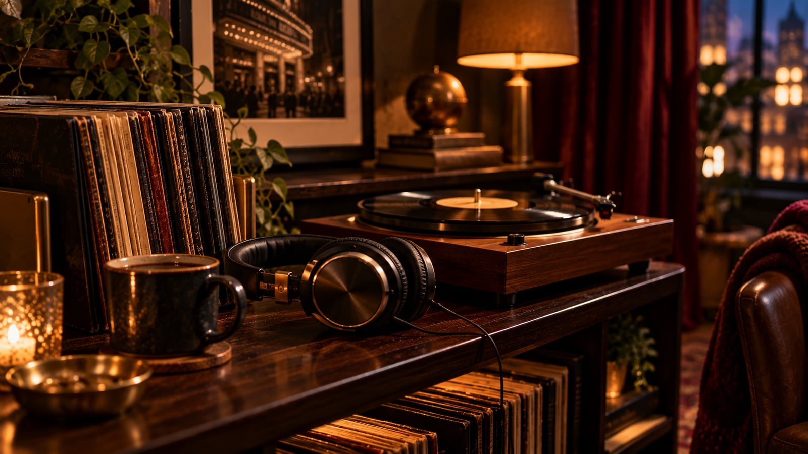 Warm evening music-listening setup with headphones and a record player