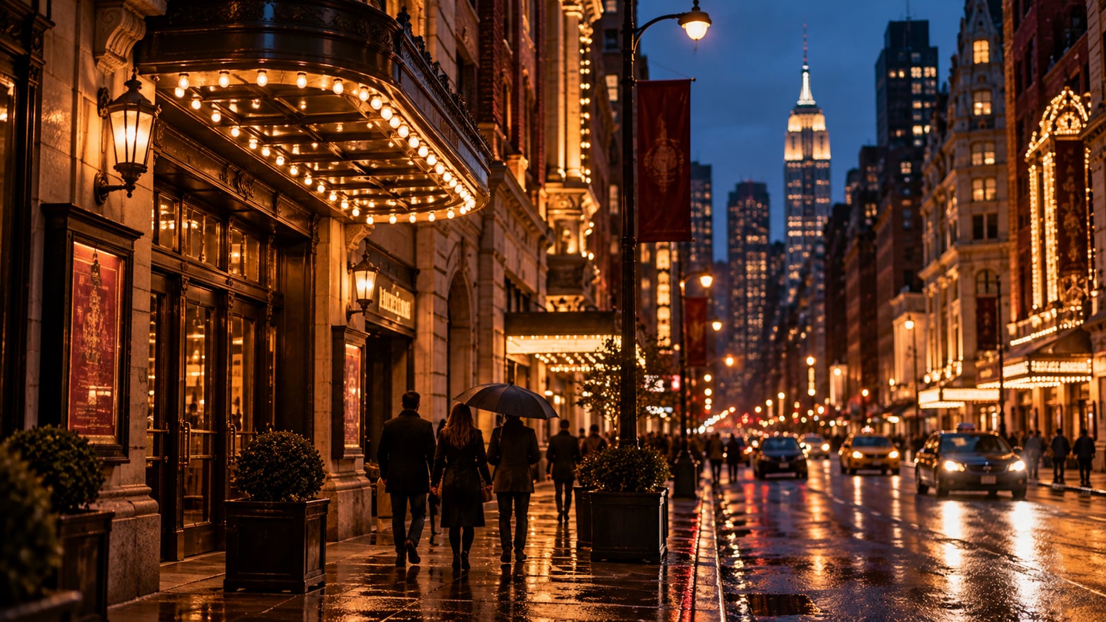 New York theatre district glowing with warm evening lights