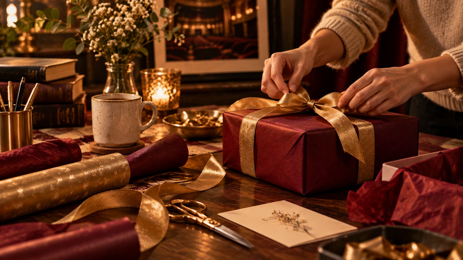 Hands tying a gold ribbon on a wrapped burgundy gift box