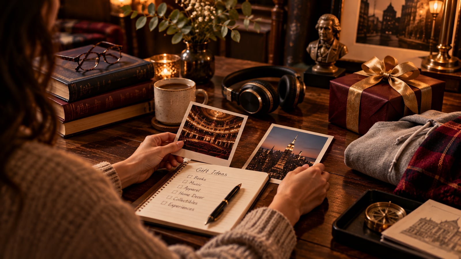 Theatre fan choosing between books, music and gift ideas