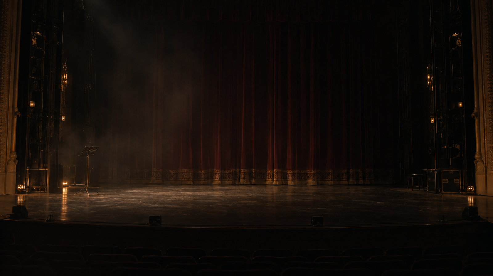 A dim, quiet theatre stage just after a performance has ended, curtain closed, faint warm light and haze lingering