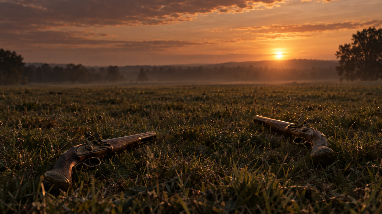 An empty dueling field at dusk with two flintlock pistols left on the ground, one displaced from a symmetrical arrangement, long shadows falling across the grass