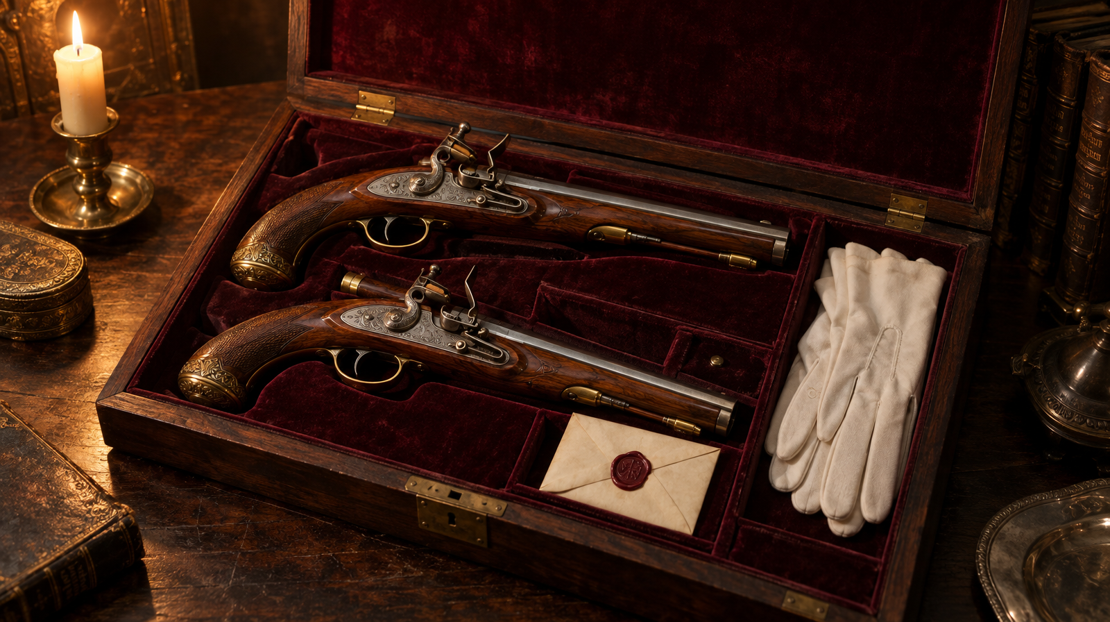 A formal dueling kit with two matched flintlock pistols, folded white gloves, and a sealed paper arranged symmetrically in a velvet-lined case