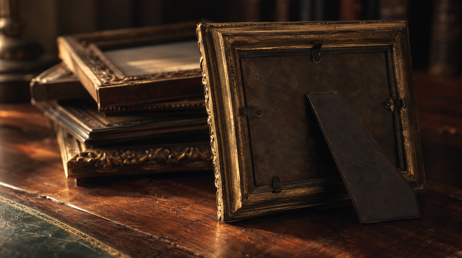 A stack of antique picture frames on a table, only the top one in focus, several more turned away and blurred behind it