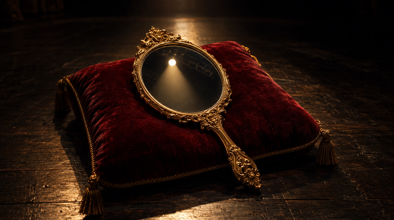 An ornate hand mirror resting face-up on a velvet cushion, reflecting only empty stage lights above, alone on a dark stage