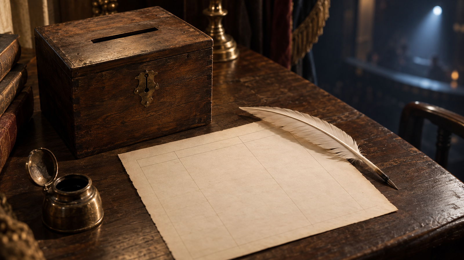 A period-inspired ballot box, a quill, and a blank tally sheet arranged on a dark wooden table, softly lit, with a faint theatrical glow at the edge of the frame