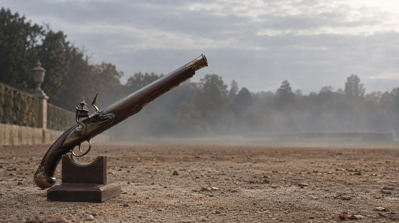 A single flintlock pistol propped at a clear upward angle on an otherwise empty dueling ground, facing away from where an opponent would stand