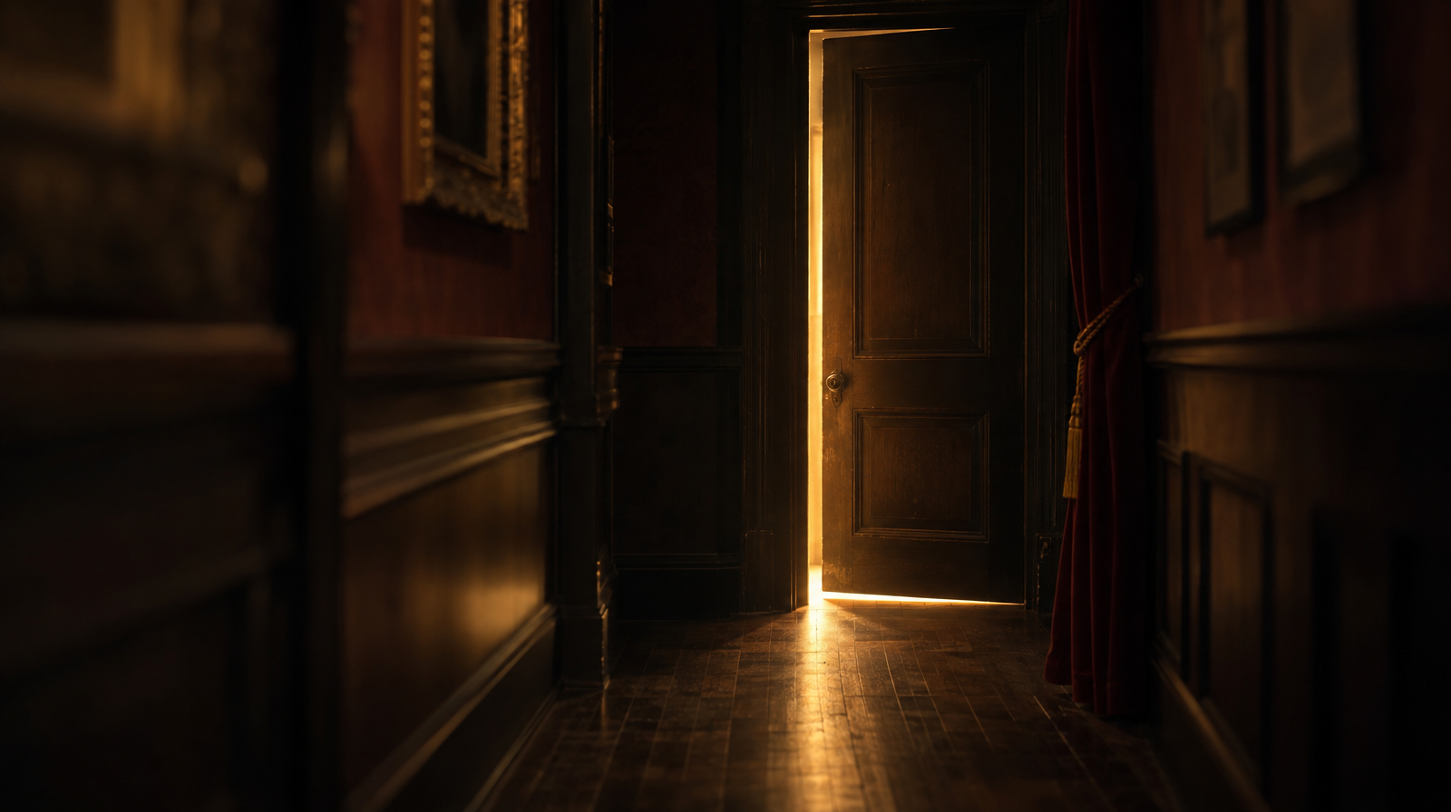 A dim theatre hallway with an old wooden door slightly ajar, warm light spilling through the narrow opening across the dark floor, nothing beyond the door visible