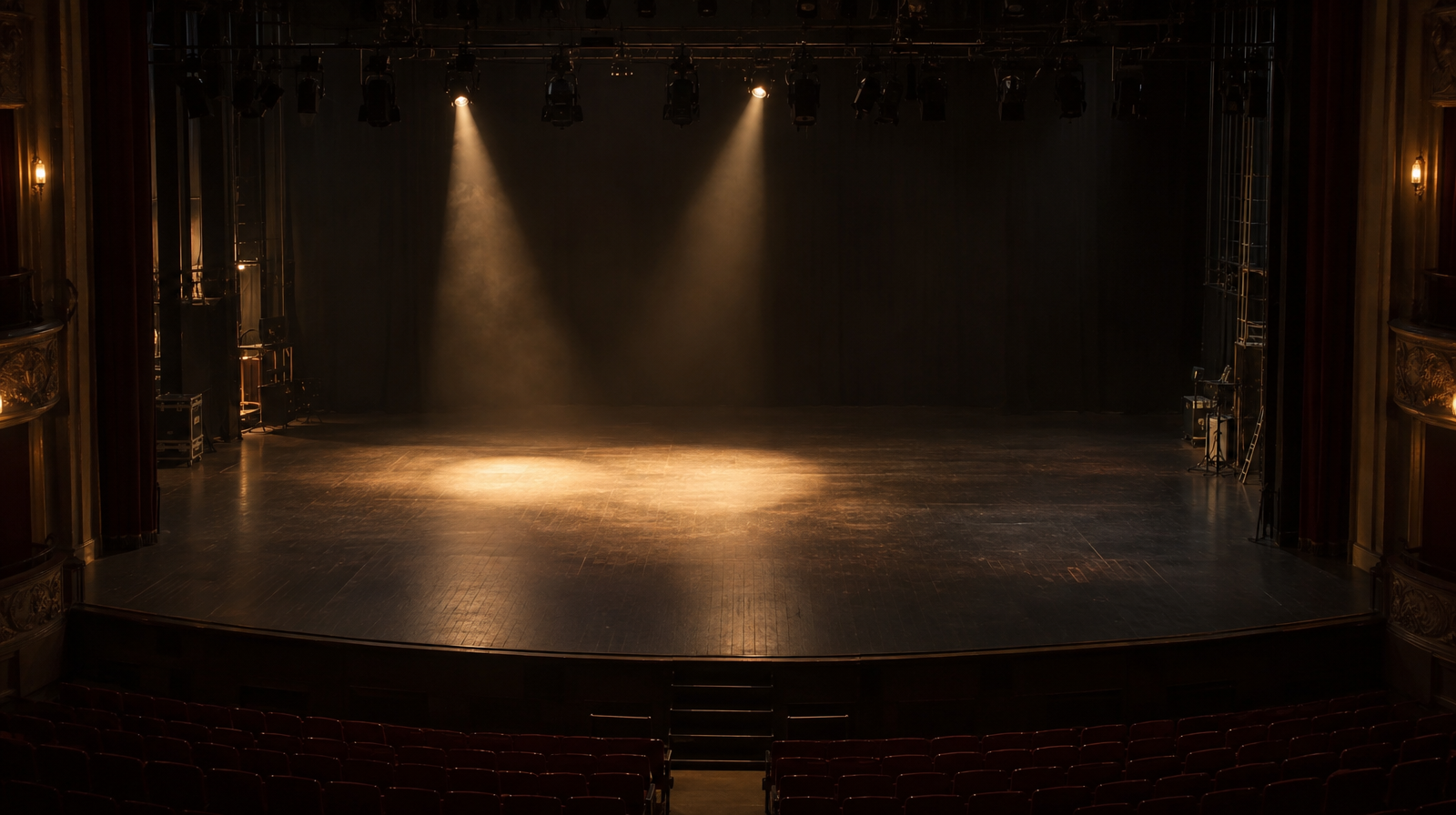 A theatre lighting rig with several spotlights visible overhead, but only two lit, leaving large sections of the stage floor in shadow