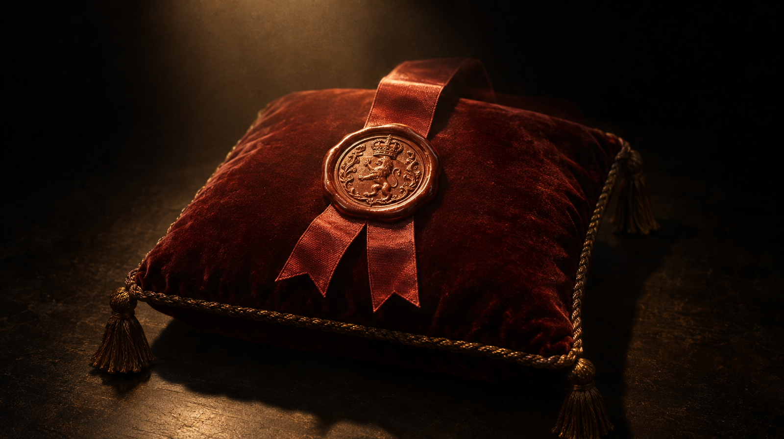 A formal wax seal and ribbon resting on a velvet cushion, alone under a single spotlight on an empty stage