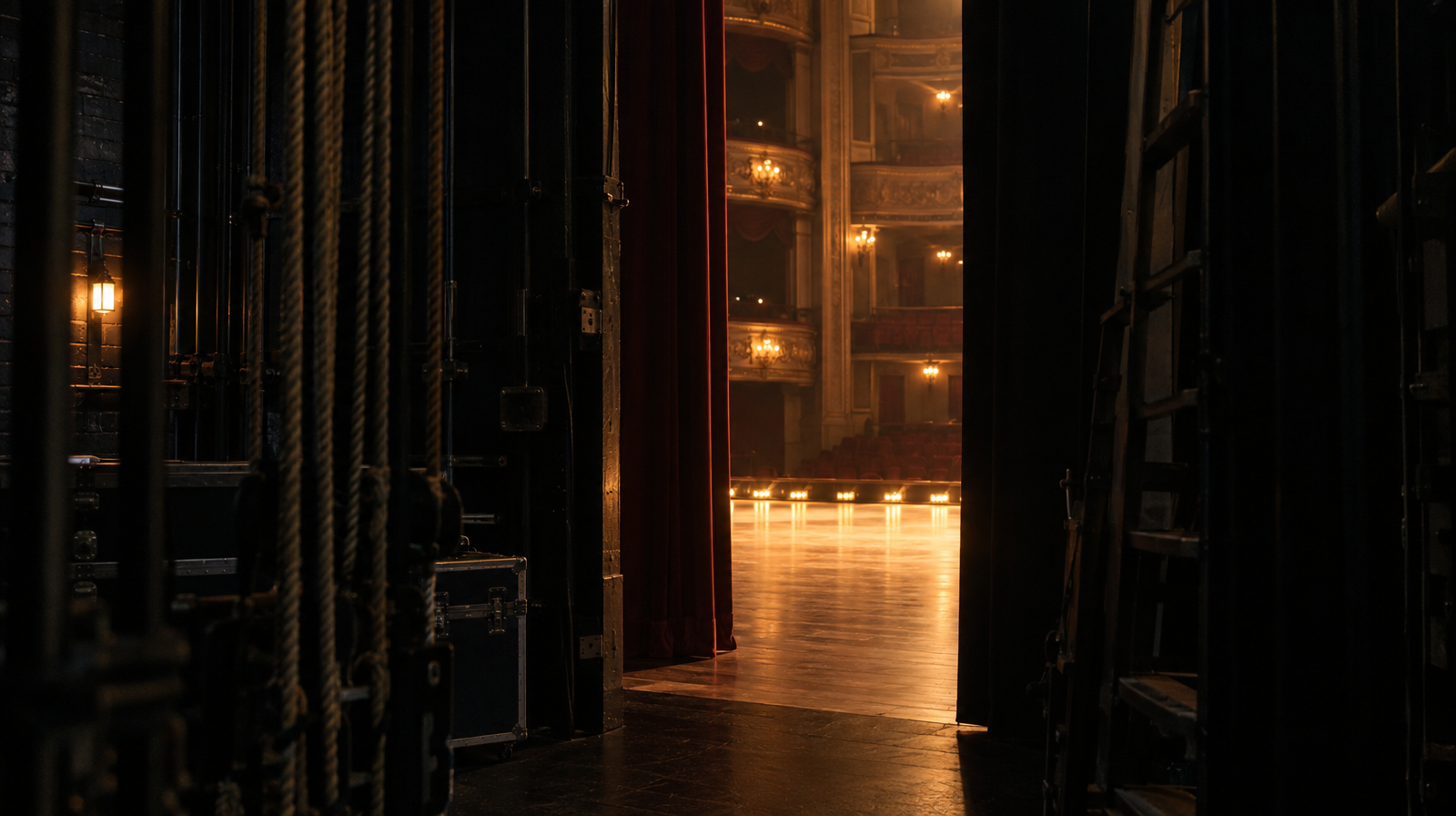 A view from the dark stage wings past a curtain edge and rigging toward a distant, lit stage